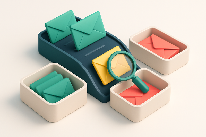 An isometric email inbox with envelopes being sorted through a conveyor belt: green 'valid' envelopes go to a tray label