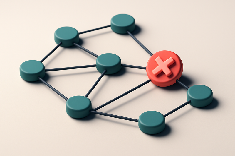 a network of small circular nodes connected by lines, one with a red cross marking a failed connection