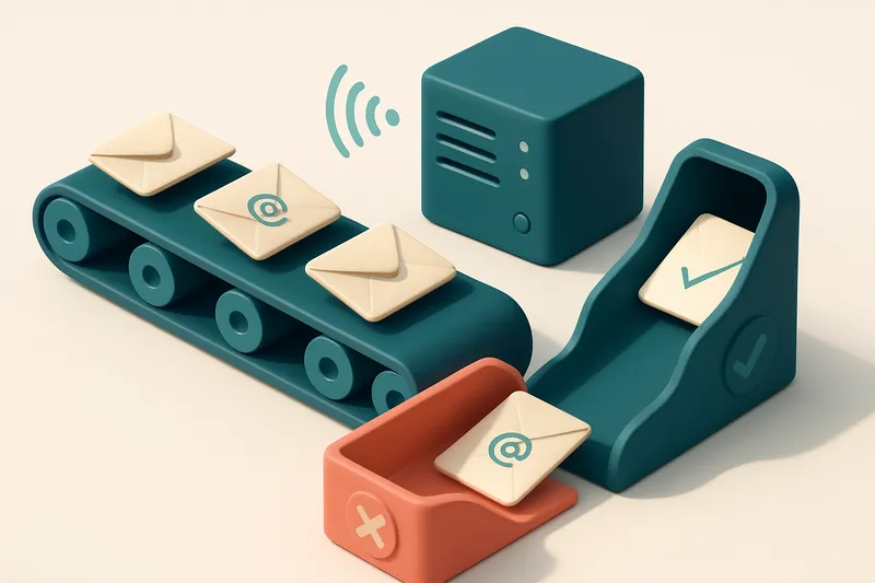 An isometric illustration of a conveyor belt carrying paper envelopes labeled 'email addresses' past a red 'invalid' chu