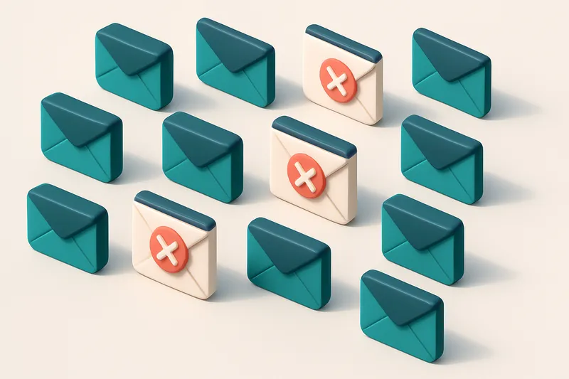 a grid of envelope icons, with some showing red X marks