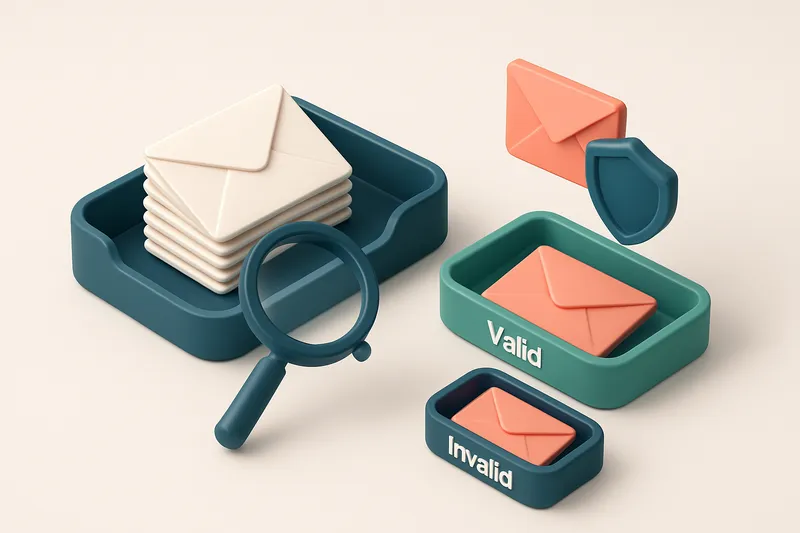 An isometric email inbox with envelopes being sorted onto a green 'valid' tray and a red 'invalid' tray, a magnifying gl
