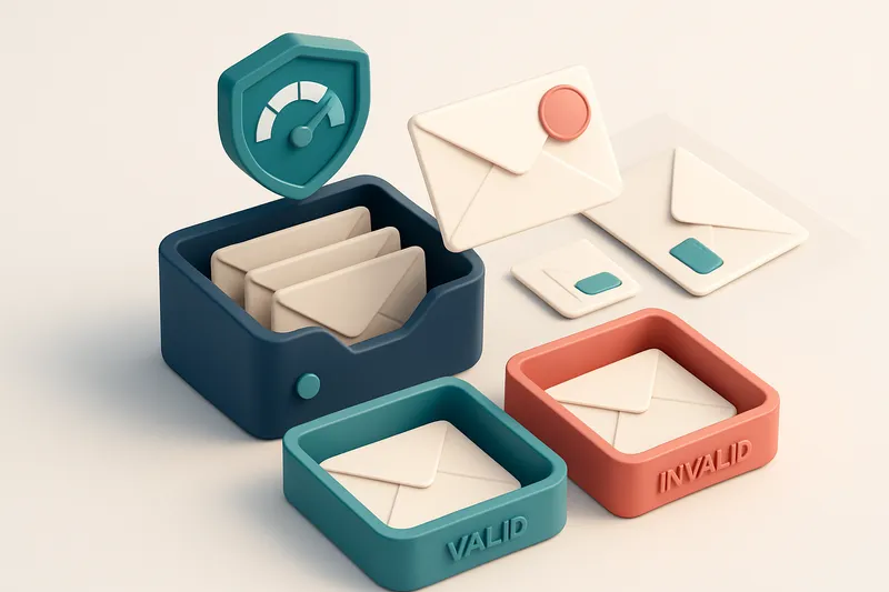 An isometric email inbox with envelopes being sorted onto a green 'valid' tray and a red 'invalid' tray, a red 'catch-al