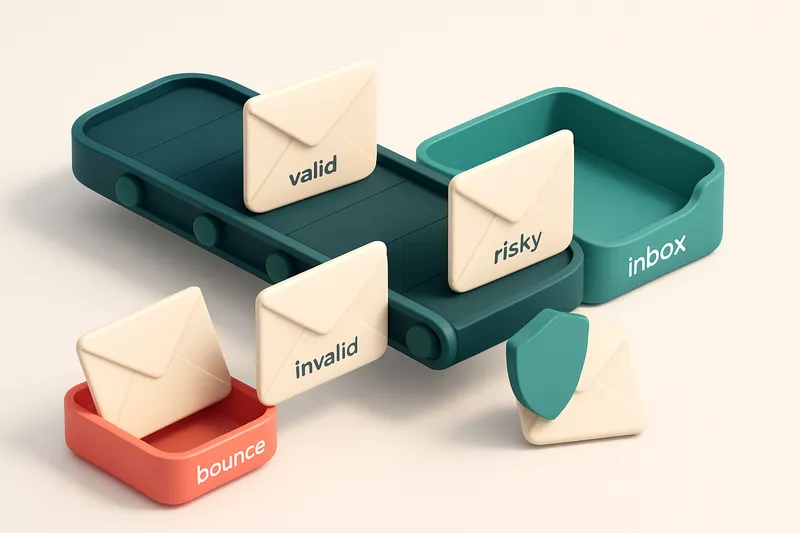 An isometric email inbox with envelopes labeled 'valid', 'invalid', 'catch-all', and 'risky' moving along a conveyor bel