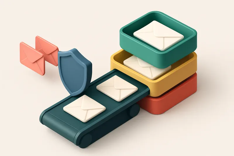 an isometric email inbox split into three zones: a green 'Valid' tray, a red 'Invalid' tray, a yellow 'Risky' tray, with
