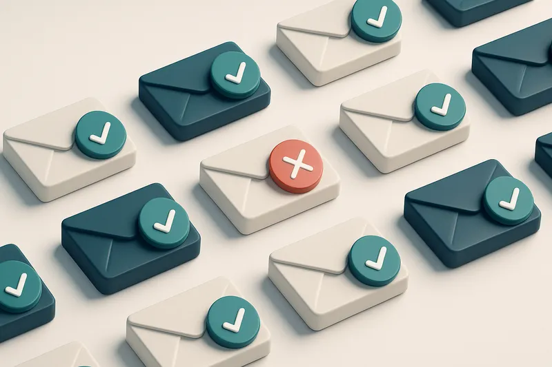 a grid of envelope icons, each with a checkmark or red X