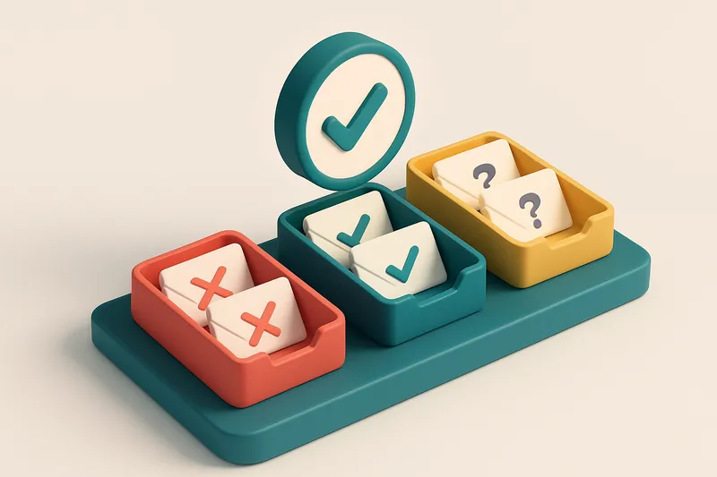 An isometric desktop with three distinct queues: a red 'invalid' tray with crossed-out envelopes, a green 'valid' tray w