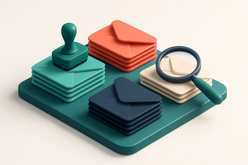 An isometric office desk with a stack of colored envelopes labeled 'Valid', 'Invalid', 'Catch-all', and 'Risky'. A green