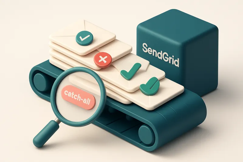 An isometric stack of envelopes on a conveyor belt moving toward a server labeled 'SendGrid', with green checkmarks on v