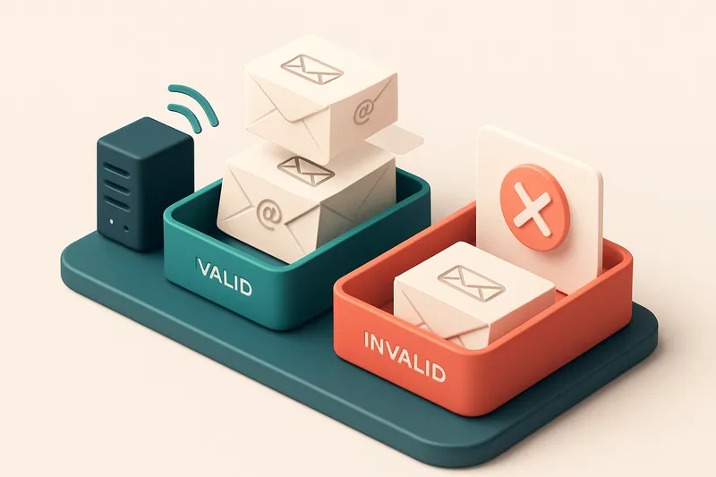 An isometric desk with a stack of paper envelopes labeled with email addresses being sorted into two trays: green for 'v
