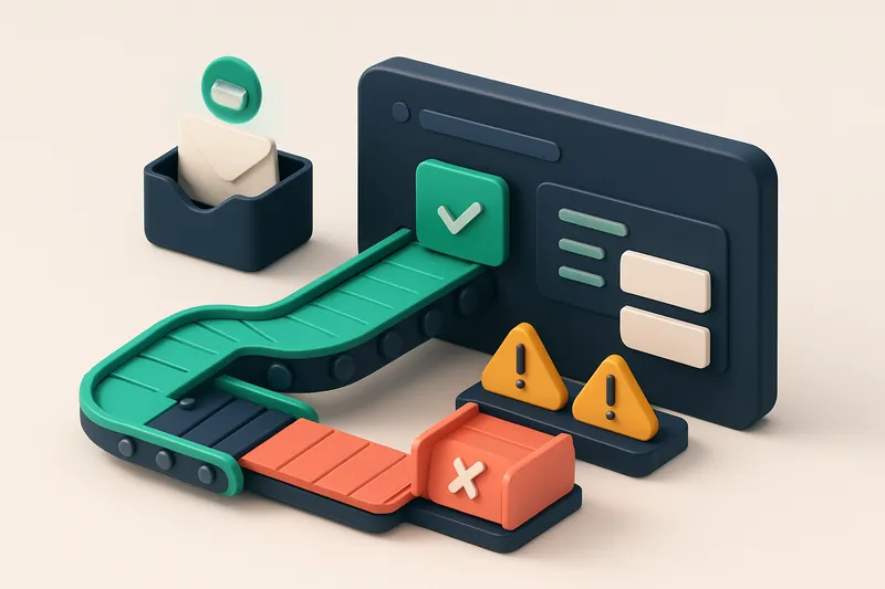 Hero: a 3D isometric illustration of a logistics dashboard with a green conveyor belt feeding into a 'Valid' drop zone,