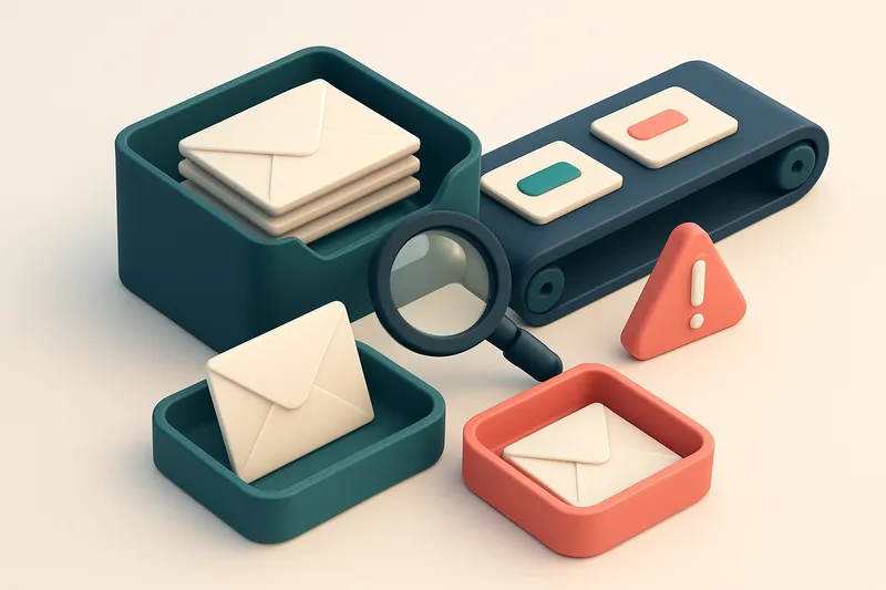 An isometric email inbox with envelopes being sorted onto a green 'valid' tray and a red 'invalid' tray, a magnifying gl