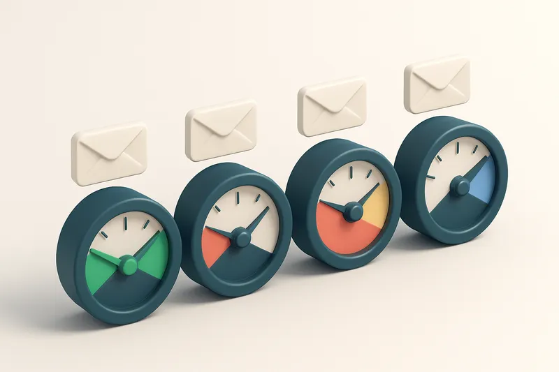 a row of four gauges showing email validation status: green (valid), red (invalid), yellow (risky), blue (catch-all)