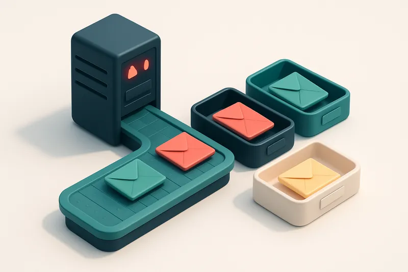 An isometric warehouse conveyor belt moving green 'valid' envelopes, red 'invalid' envelopes, and yellow 'risky' envelop