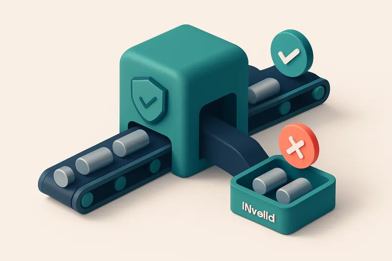 An isometric illustration of a conveyor belt carrying metal cylinders (representing manufacturing leads) through a sorti