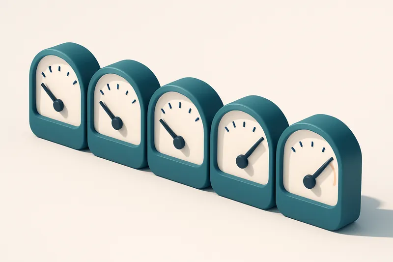 a row of five gauges with different readings showing inbox delivery status