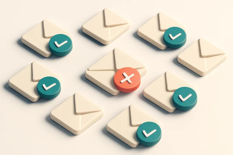 a grid of envelope icons, each showing a status checkmark or cross