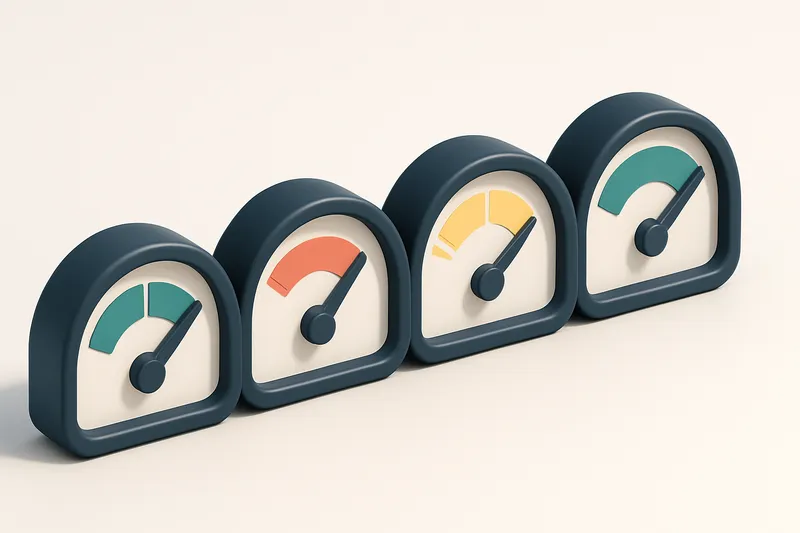 A row of four gauges, each showing a different state: green (valid), red (invalid), yellow (risky), and blue (catch-all)