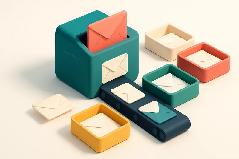 an isometric email inbox with envelopes labeled 'valid', 'invalid', 'risky', and 'catch-all' being sorted by a conveyor