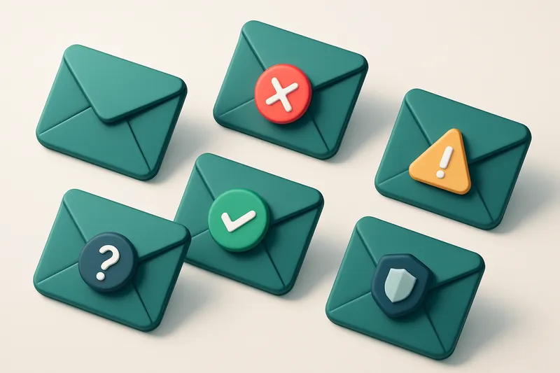a grid of 5 envelope icons, each with a different verification status (checkmark, red X, warning triangle, shield, quest