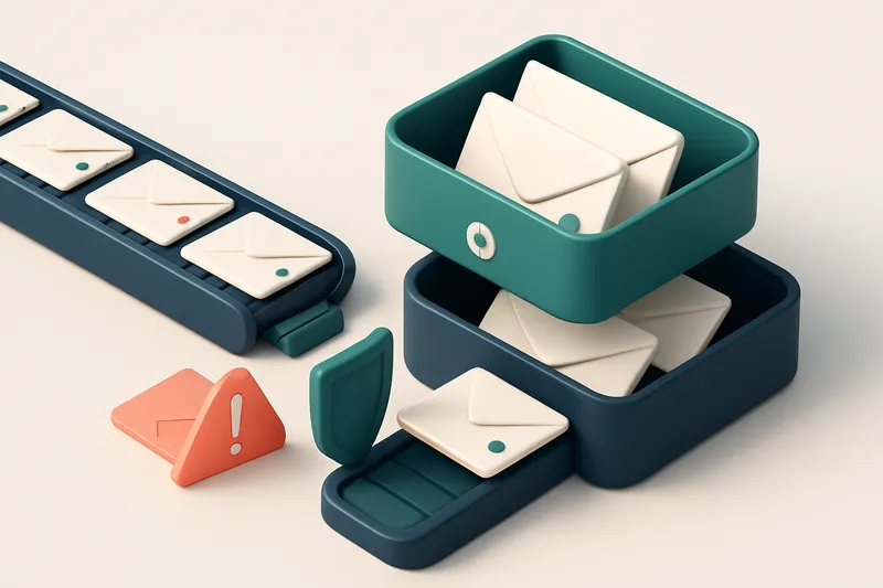 An isometric view of a digital inbox stacked with envelopes labeled 'Valid', 'Invalid', 'Catch-all', and 'Risky'; a conv