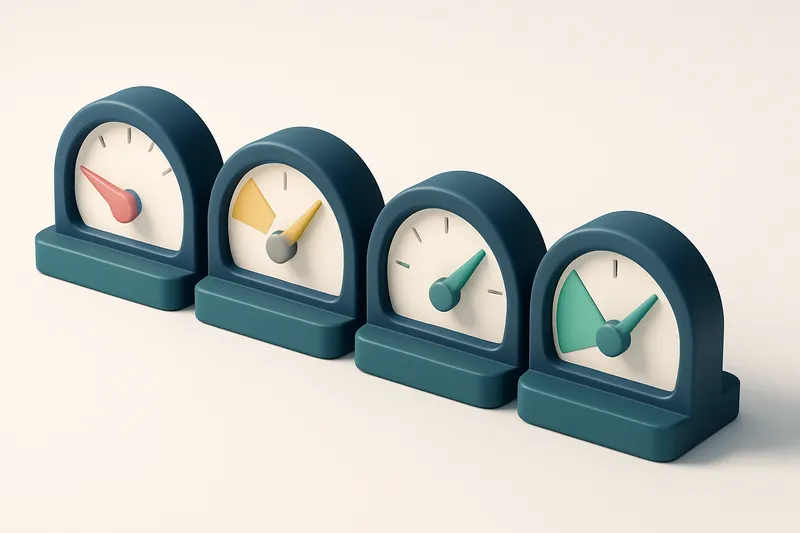 a row of four gauges with varying levels, one red (invalid), one yellow (risky), one green (valid)