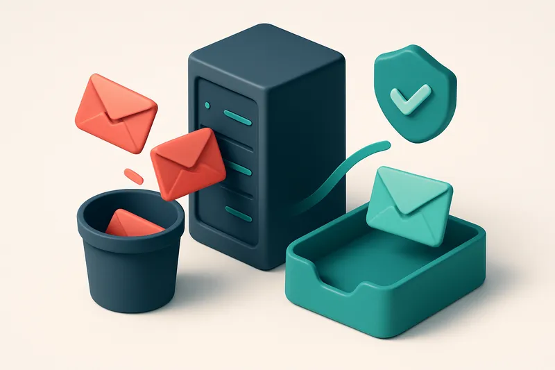 an isometric email server rack with red envelopes labeled 'invalid' and 'catch-all' being ejected into a trash bin, gree