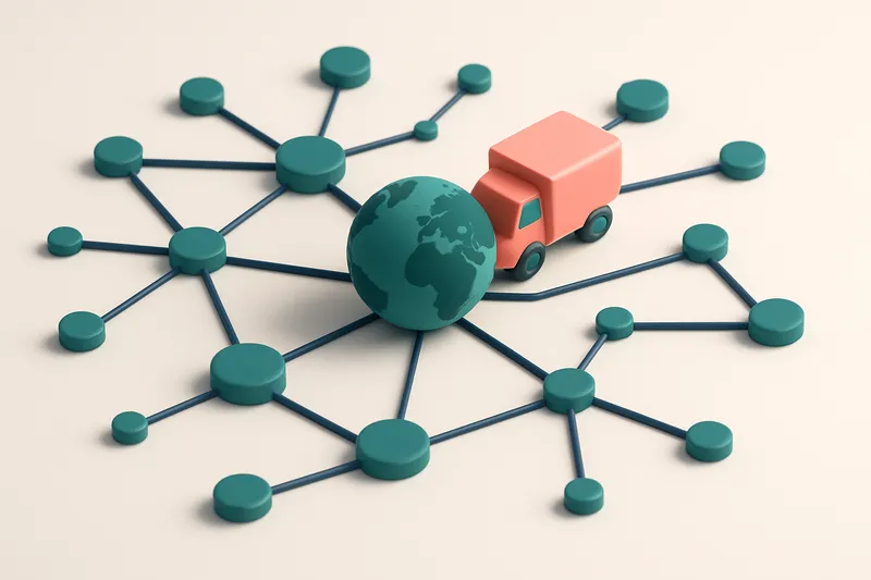A network of small circular nodes connected by lines, representing a global logistics contact network