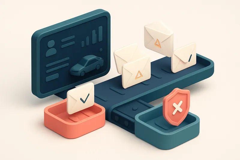 an isometric view of a car dealership CRM dashboard with envelopes labeled 'valid,' 'invalid,' and 'risky' being process