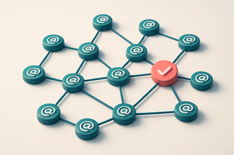 A network of small circular nodes connected by lines, representing validated email addresses in a clean list