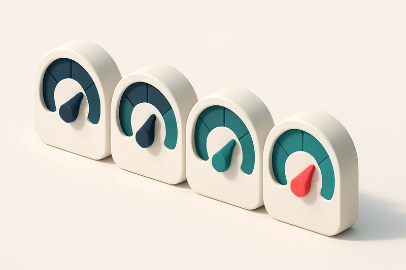 a row of four gauges with varying levels showing validation status