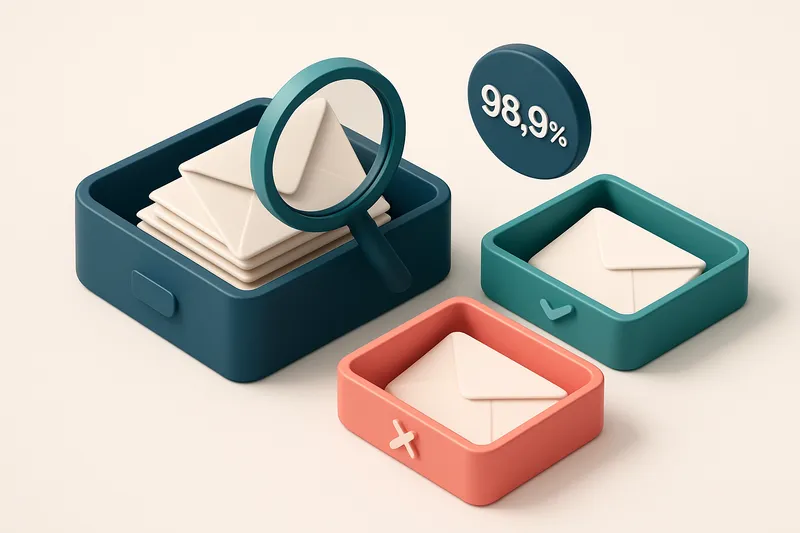 An isometric email inbox with envelopes being sorted into a green 'valid' tray and a red 'invalid' tray, a magnifying gl
