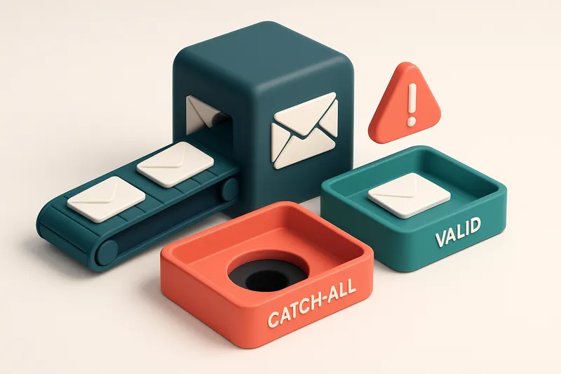 An isometric email inbox with a conveyor belt feeding in emails labeled 'admin@', 'user@', 'test@' — some drop into a gr