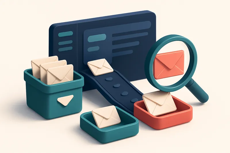 An isometric email dashboard with envelopes flowing down a conveyor belt from a 'dirty list' bin to two destinations: a