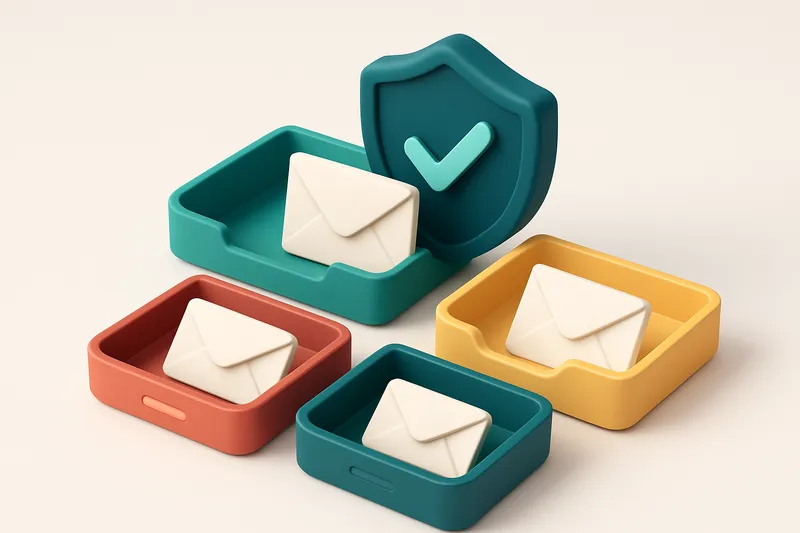 an isometric email inbox with envelopes being scanned by a shield labeled 'SMTP check,' a red 'invalid' tray, a green 'v