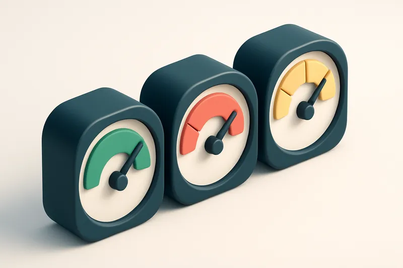 a row of three gauges, each indicating a different verification result: green (valid), red (invalid), yellow (risky)