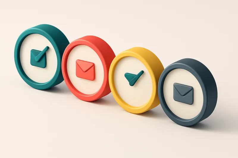 a row of four gauges, each showing a different email validation status: green (valid), red (invalid), yellow (risky), gr
