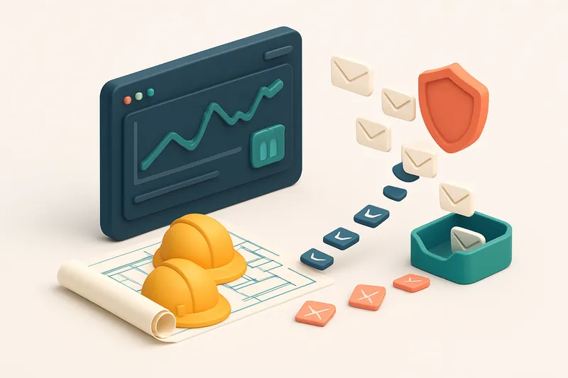 An isometric construction site dashboard showing blueprints, worker helmets, and a network of connected email icons; one
