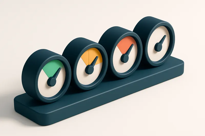 a row of four gauges showing green, yellow, red, and gray indicators