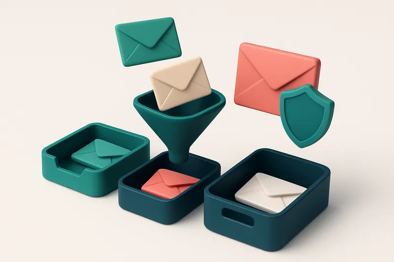 an isometric inbox with envelopes labeled 'valid', 'risky', and 'catch-all' being sorted by size—green envelopes go into