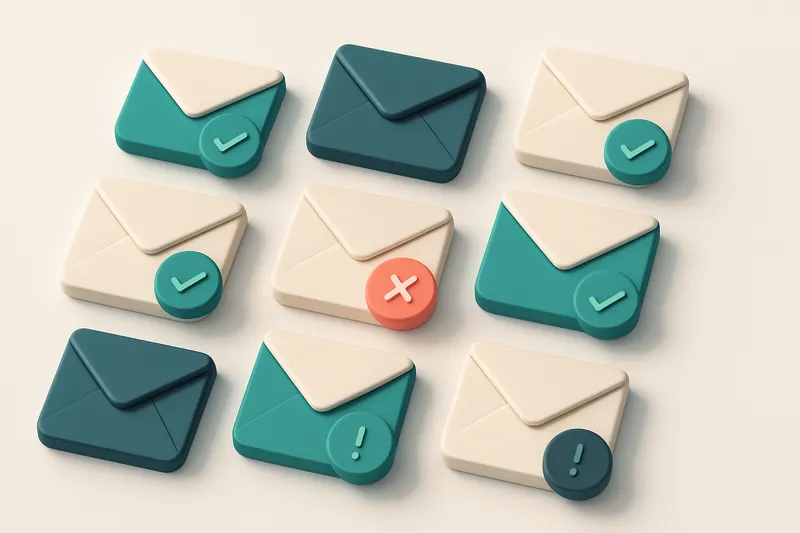 a grid of envelope icons with varying checkmark statuses (valid, invalid, risky)