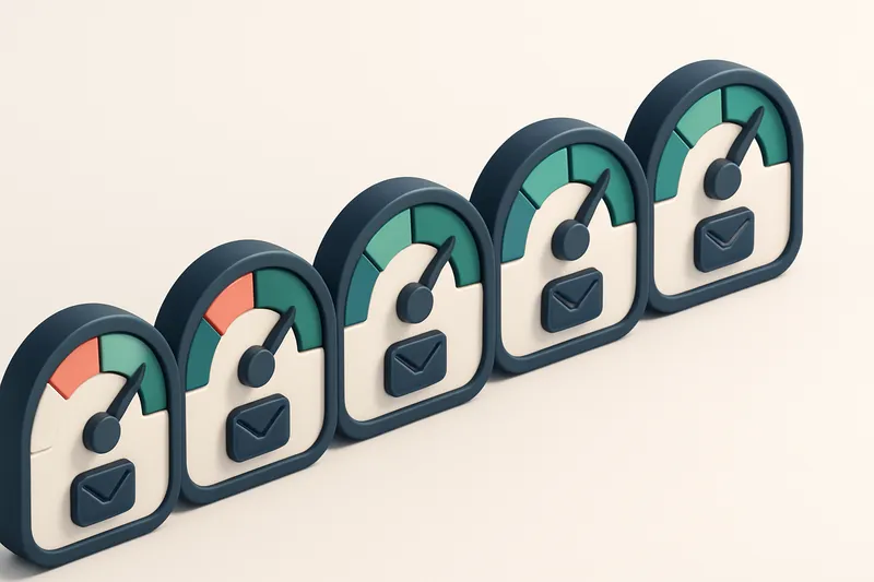 A row of five gauges, each showing progress from low to high, representing different stages of email validation and deli