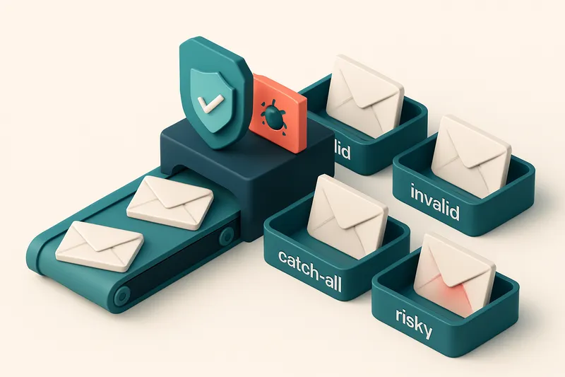 an isometric email inbox with envelopes labeled 'valid', 'invalid', 'catch-all', and 'risky' being sorted onto four sepa