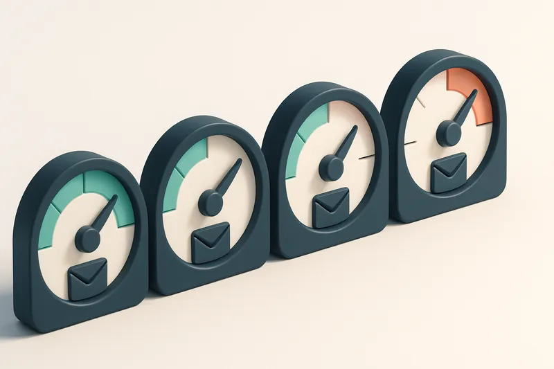 A row of four gauges, each showing different levels of email health (valid, risky, catch-all, invalid)