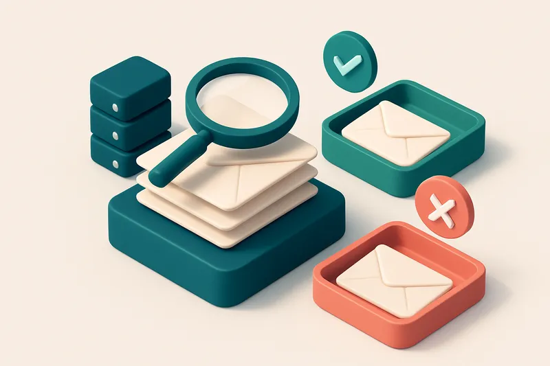 an isometric email inbox with envelopes being sorted onto a green 'valid' tray and a red 'invalid' tray, a magnifying gl