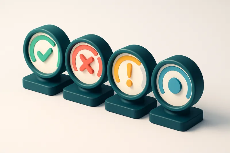 a row of four gauges, each showing a different validation status: green (valid), red (invalid), yellow (risky), blue (ca