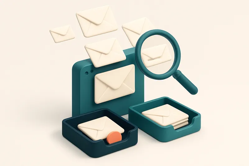 an isometric email inbox with envelopes flying in from the top, some being rejected into a red 'invalid' bin, others cle