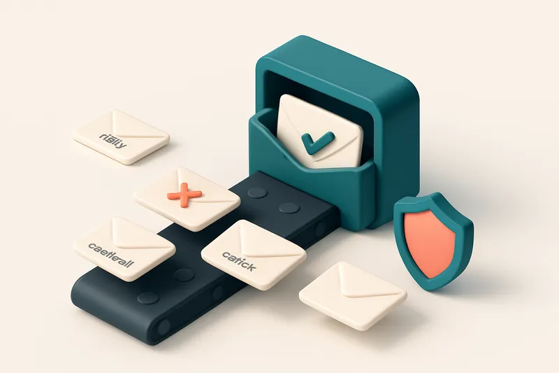 An isometric email inbox with a conveyor belt feeding in envelopes labeled 'valid', 'risky', 'invalid', and 'catch-all';