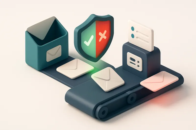 An isometric email inbox with envelopes being scanned by a shield that lights up green for 'valid' and red for 'invalid'
