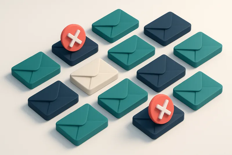 a grid of envelope icons with some showing red ‘X’ marks