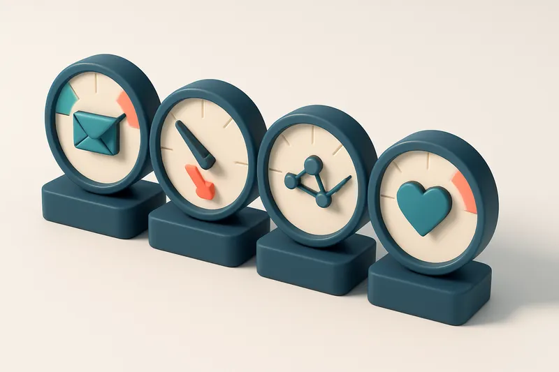 a row of four gauges showing inbox delivery, bounce rate, sender reputation, and list health